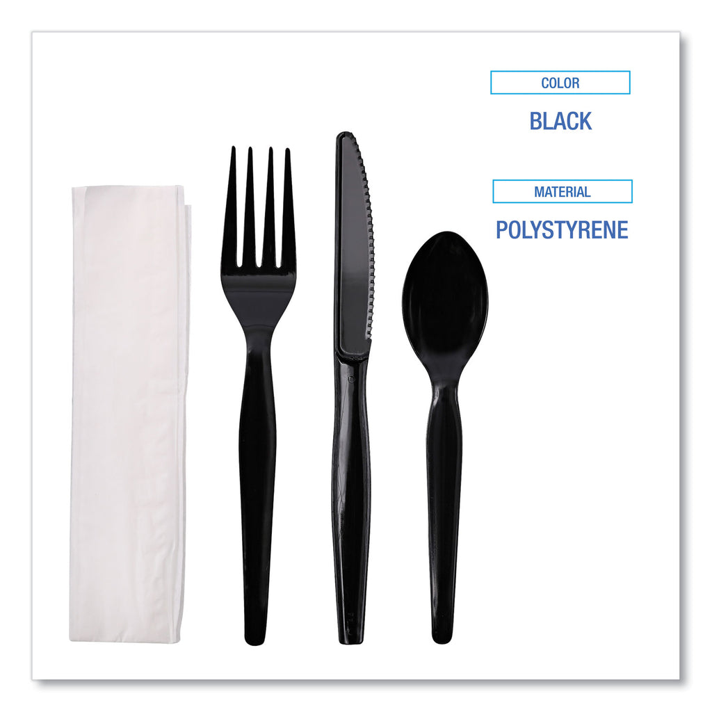 Four-Piece Cutlery Kit, Fork/Knife/Napkin/Teaspoon, Heavyweight, Black, 250/Carton