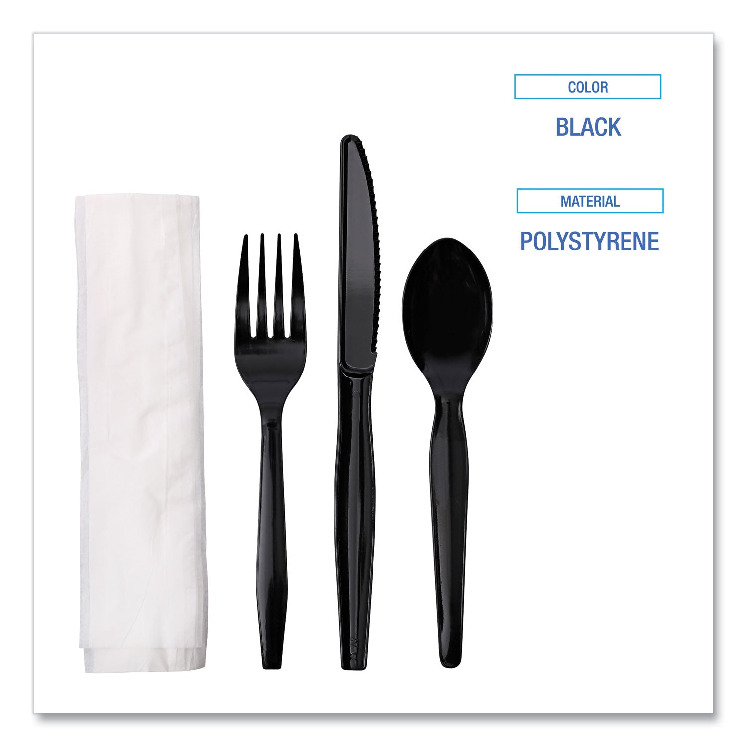 Four-Piece Cutlery Kit, Fork/Knife/Napkin/Teaspoon, Black, 250/Carton