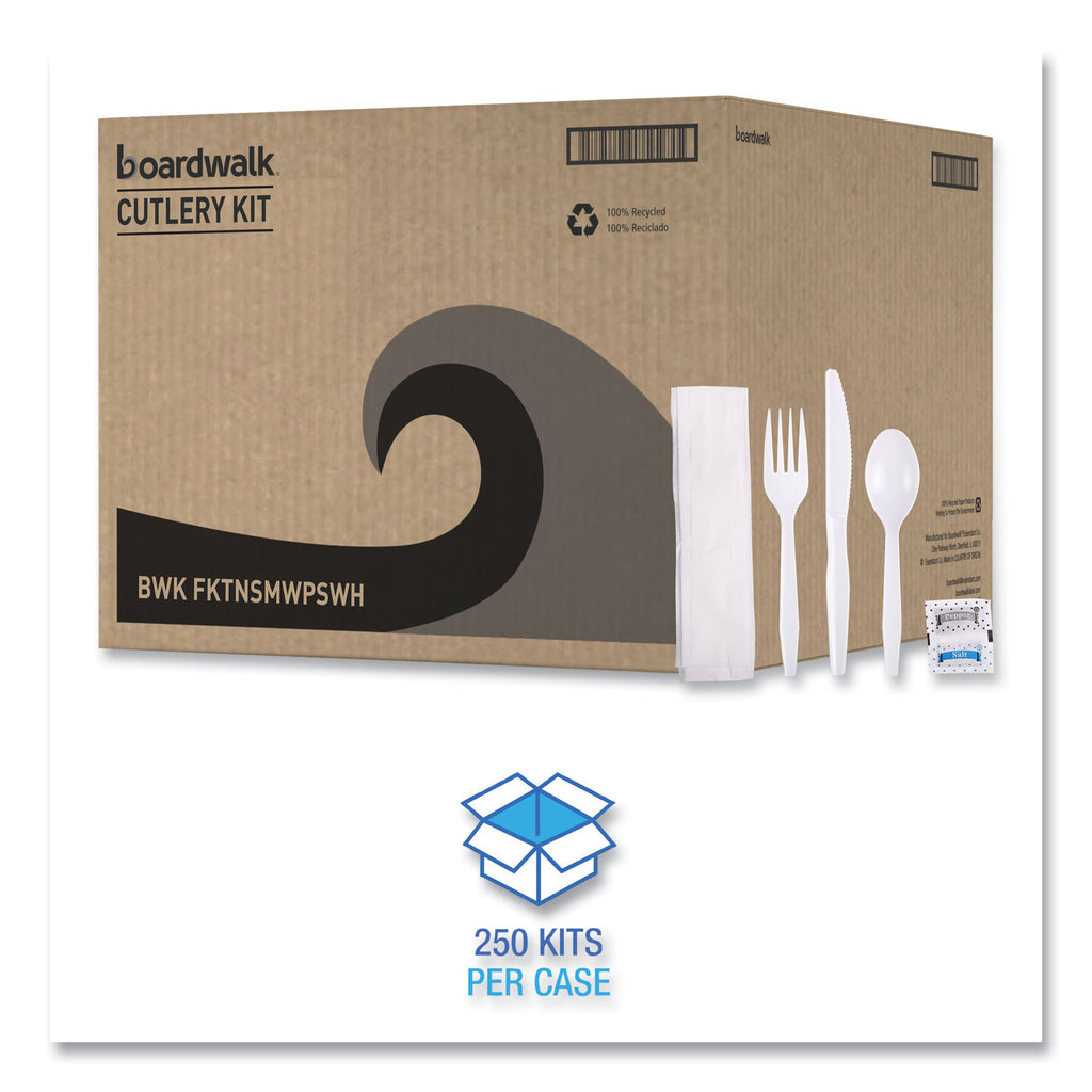 Six-Piece Cutlery Kit, Condiment/Fork/Knife/Napkin/Teaspoon, White, 250/Carton