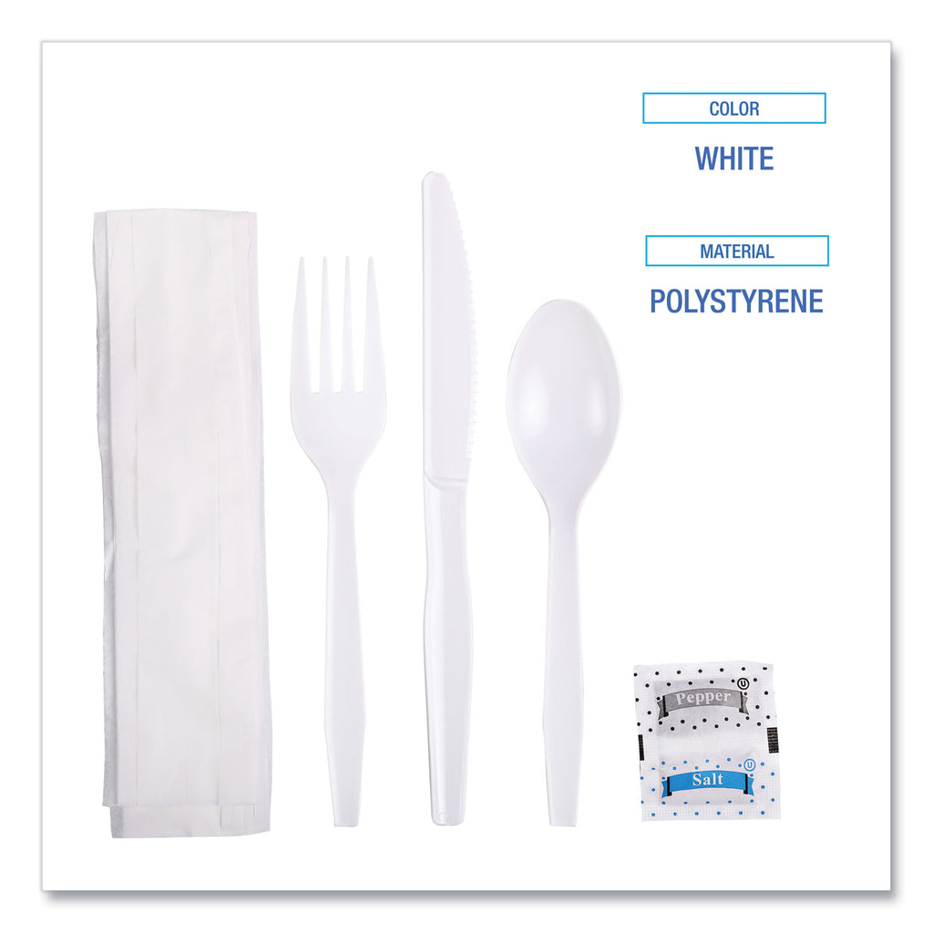 Six-Piece Cutlery Kit, Condiment/Fork/Knife/Napkin/Teaspoon, White, 250/Carton