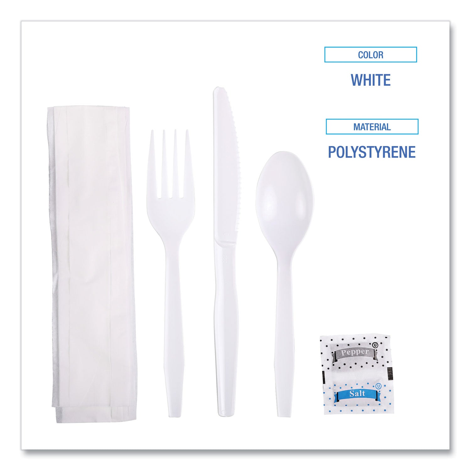 Six-Piece Cutlery Kit, Condiment/Fork/Knife/Napkin/Teaspoon, White, 250/Carton