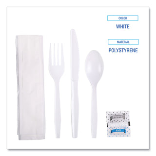 Six-Piece Cutlery Kit, Condiment/Fork/Knife/Napkin/Teaspoon, White, 250/Carton