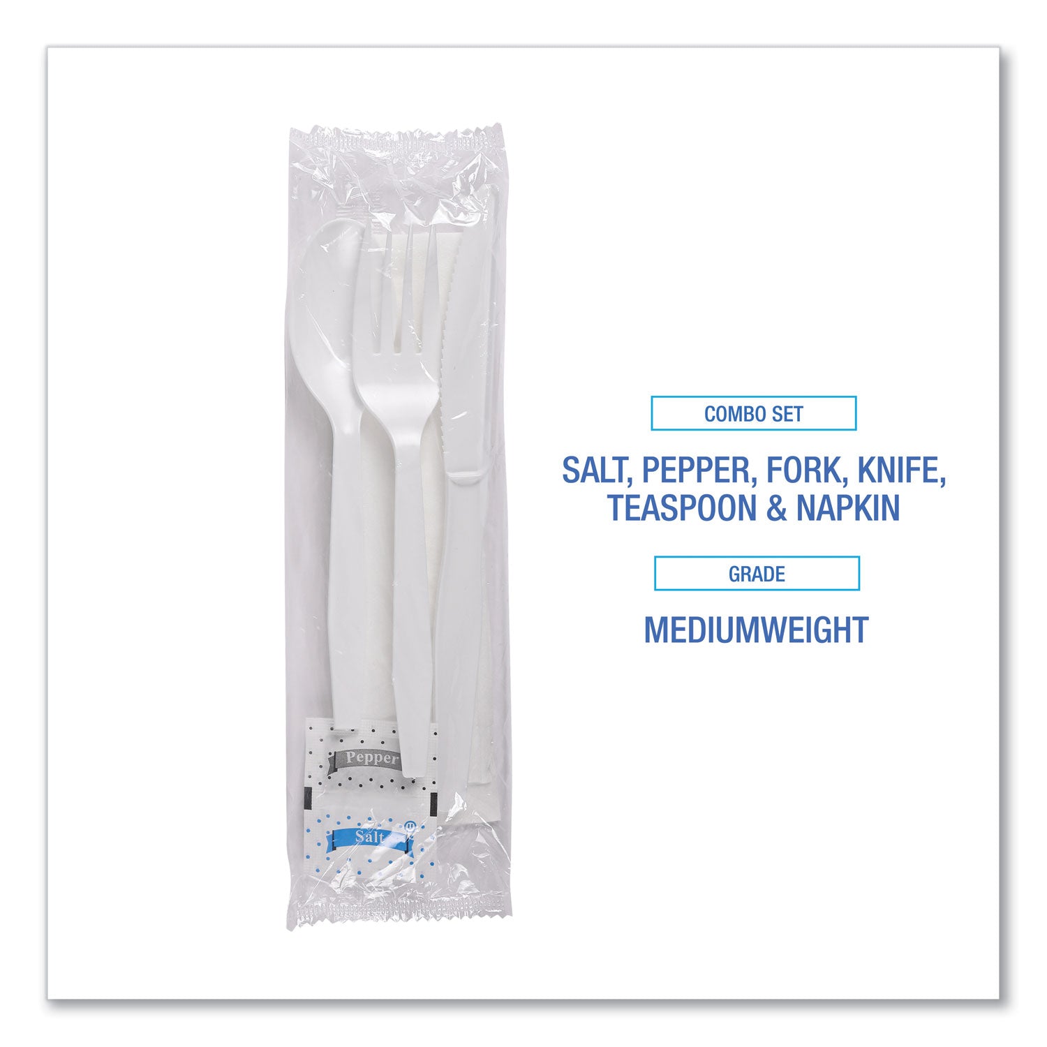 Six-Piece Cutlery Kit, Condiment/Fork/Knife/Napkin/Teaspoon, White, 250/Carton