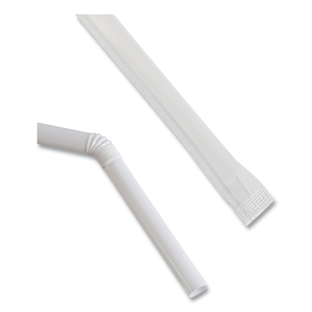 Flexible Wrapped Straws, 7.75", Plastic, White, 500/Pack, 20 Packs/Carton - 