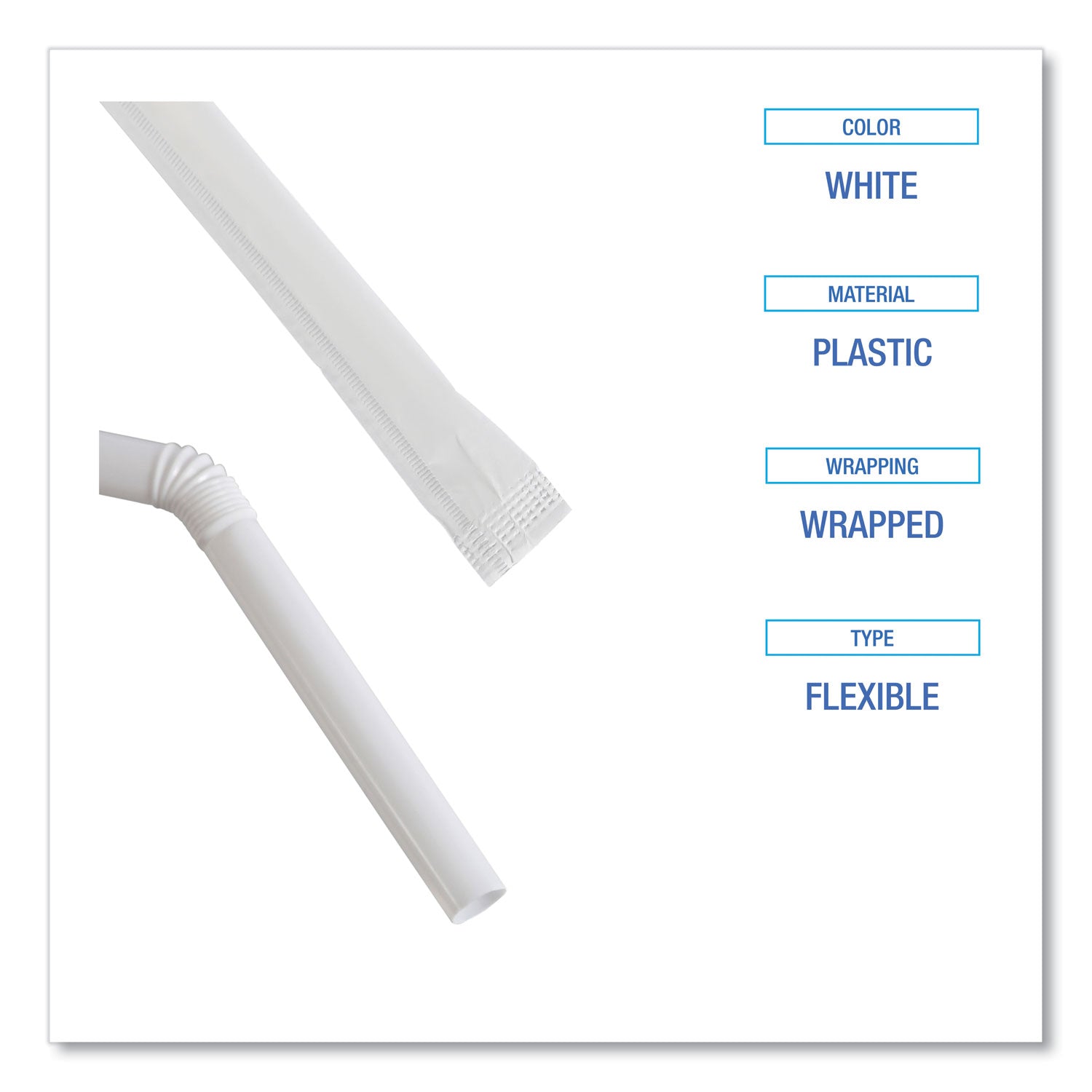 Flexible Wrapped Straws, 7.75", Plastic, White, 500/Pack, 20 Packs/Carton - 