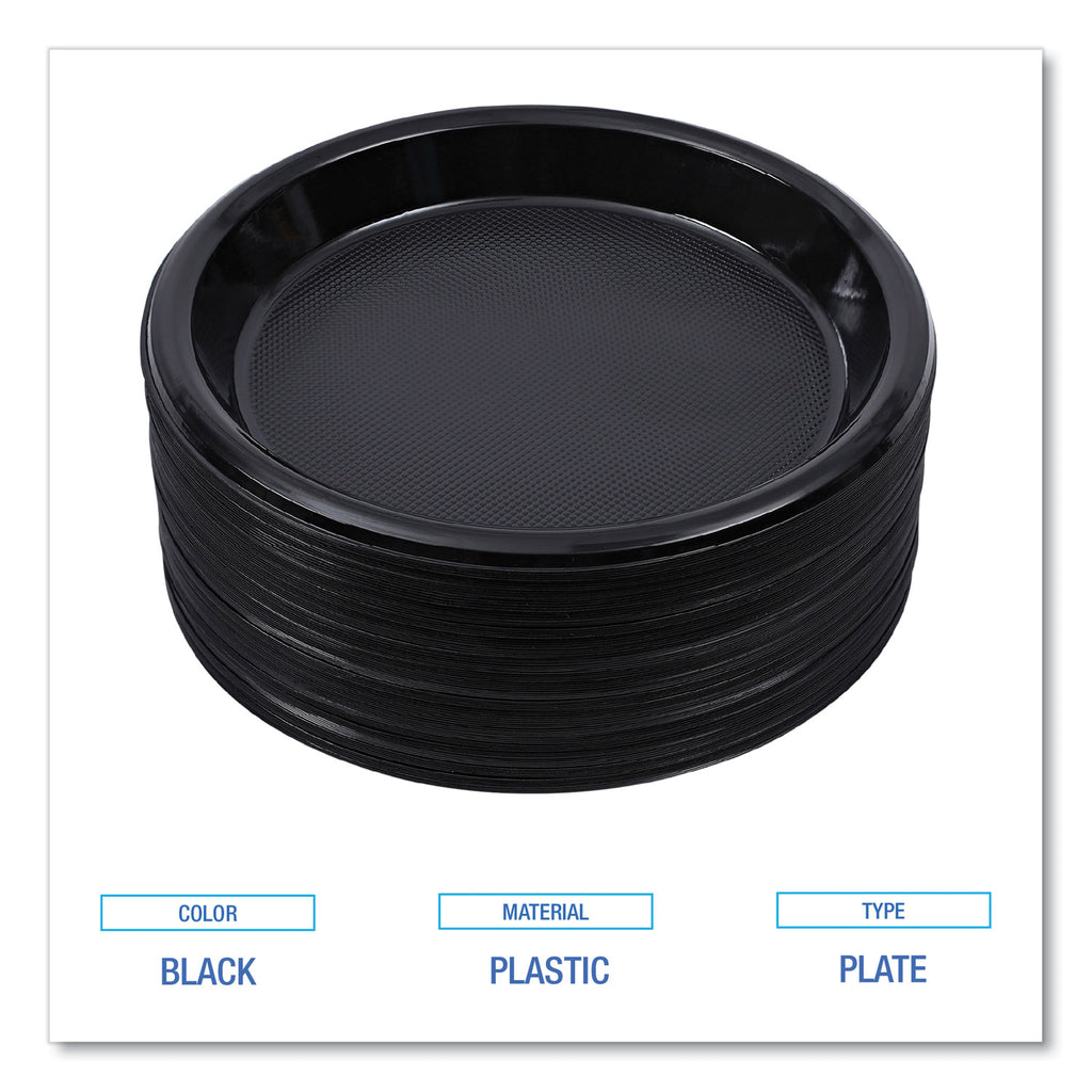 Hi-Impact Plastic Dinnerware, Plate, 10" dia, Black, 125/Sleeve, 4 Sleeves/Carton