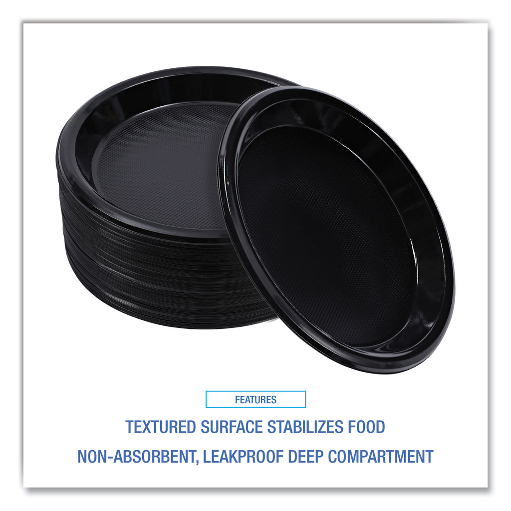 Hi-Impact Plastic Dinnerware, Plate, 10" dia, Black, 125/Sleeve, 4 Sleeves/Carton