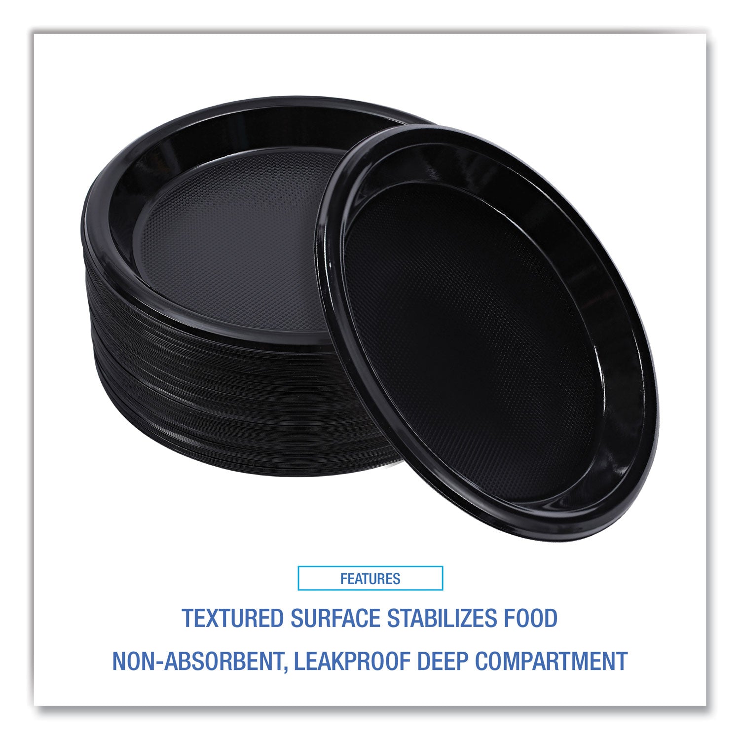 Hi-Impact Plastic Dinnerware, Plate, 10" dia, Black, 125/Sleeve, 4 Sleeves/Carton