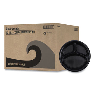 Hi-Impact Plastic Dinnerware, Plate, 3-Compartment, 10" dia, Black, 125/Sleeve, 4 Sleeves/Carton
