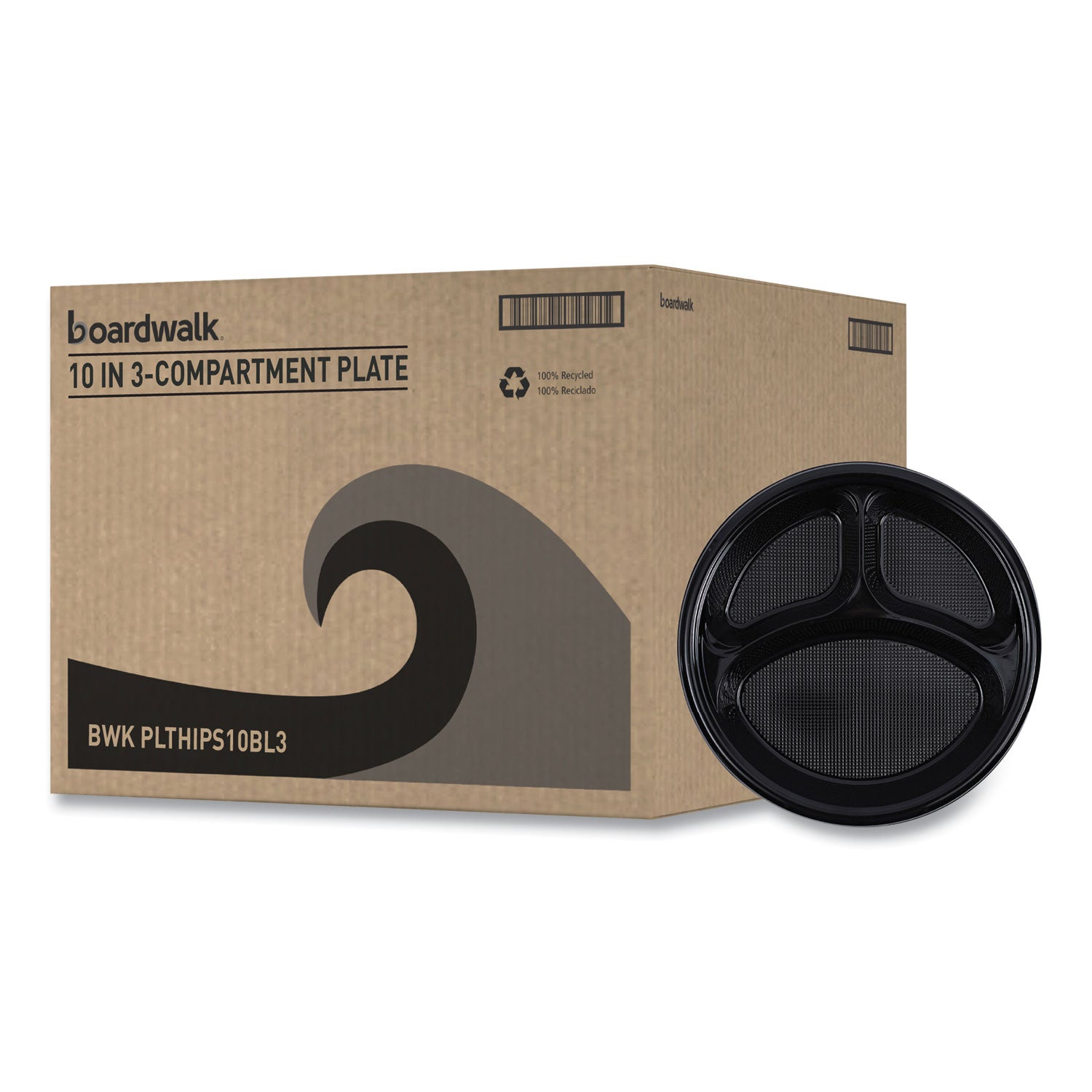 Hi-Impact Plastic Dinnerware, Plate, 3-Compartment, 10" dia, Black, 125/Sleeve, 4 Sleeves/Carton