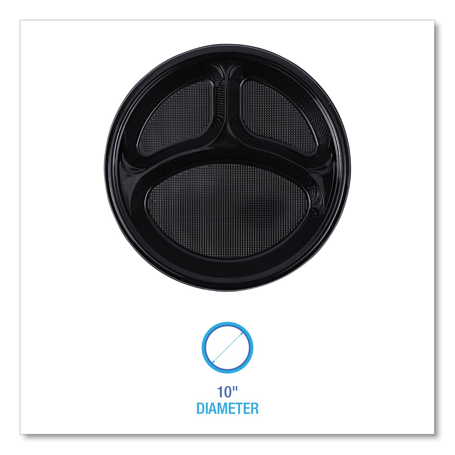 Hi-Impact Plastic Dinnerware, Plate, 3-Compartment, 10" dia, Black, 125/Sleeve, 4 Sleeves/Carton