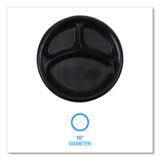 Hi-Impact Plastic Dinnerware, Plate, 3-Compartment, 10" dia, Black, 125/Sleeve, 4 Sleeves/Carton