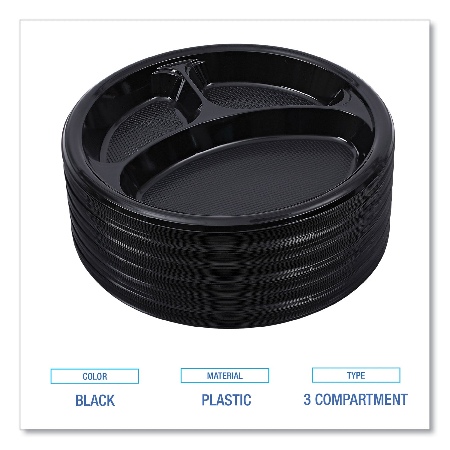 Hi-Impact Plastic Dinnerware, Plate, 3-Compartment, 10" dia, Black, 125/Sleeve, 4 Sleeves/Carton