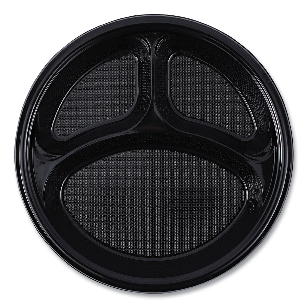 Hi-Impact Plastic Dinnerware, Plate, 3-Compartment, 10" dia, Black, 125/Sleeve, 4 Sleeves/Carton