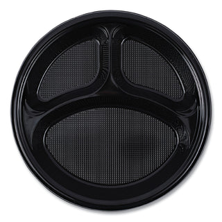 Hi-Impact Plastic Dinnerware, Plate, 3-Compartment, 10" dia, Black, 125/Sleeve, 4 Sleeves/Carton