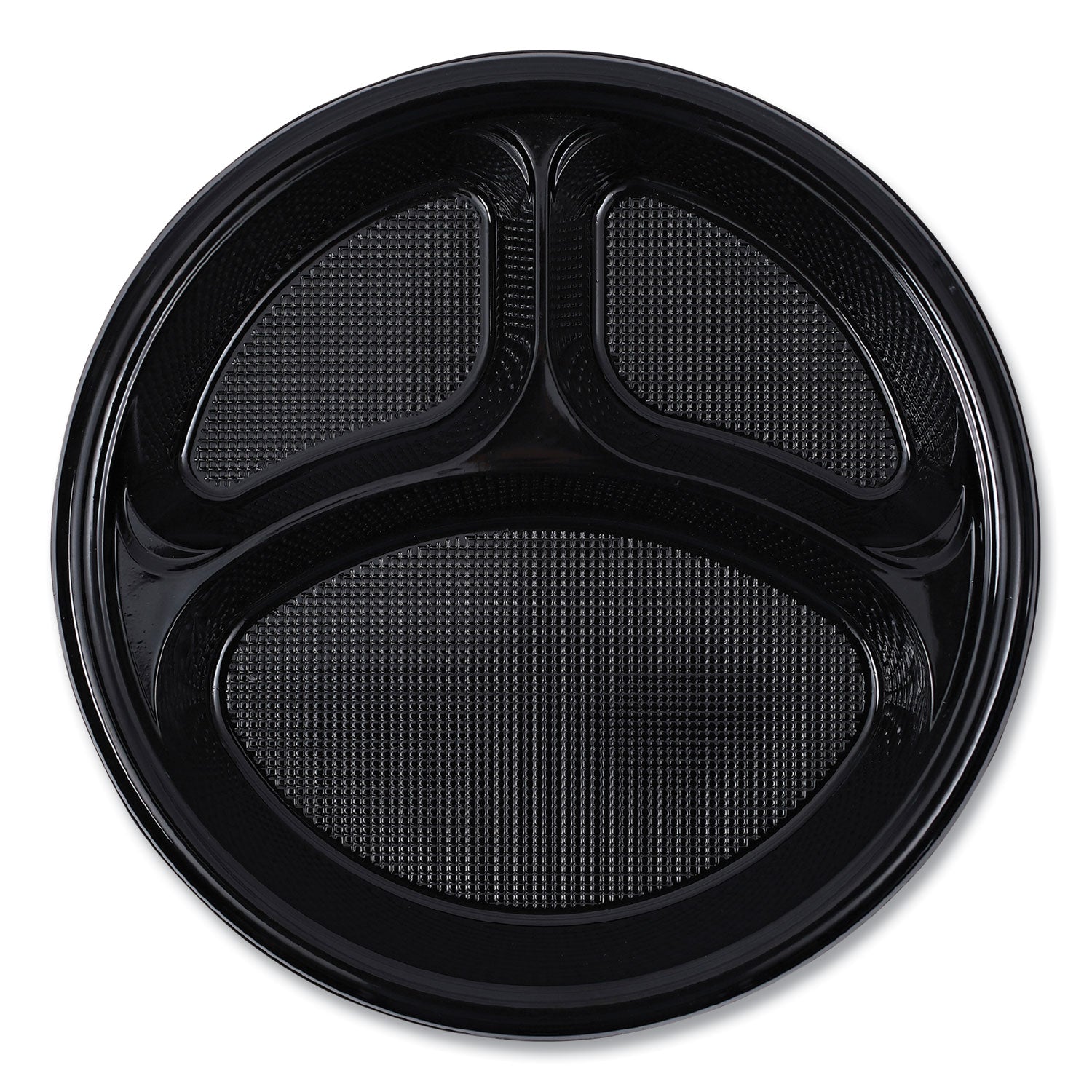 Hi-Impact Plastic Dinnerware, Plate, 3-Compartment, 10" dia, Black, 125/Sleeve, 4 Sleeves/Carton