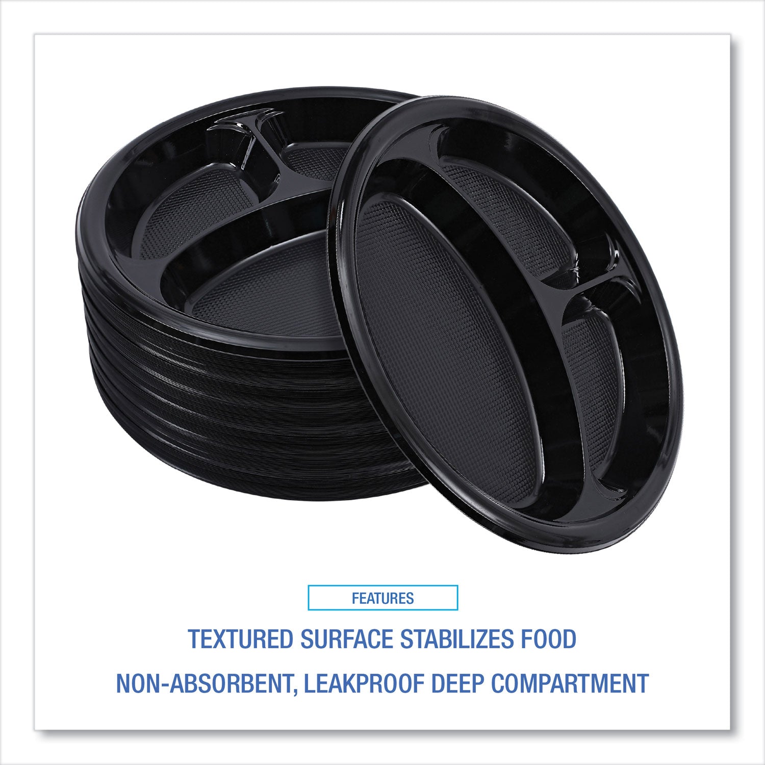 Hi-Impact Plastic Dinnerware, Plate, 3-Compartment, 10" dia, Black, 125/Sleeve, 4 Sleeves/Carton