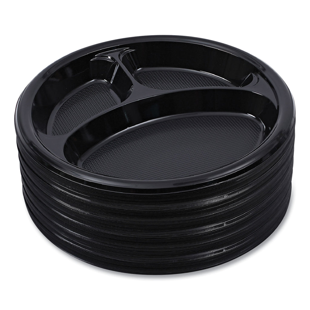 Hi-Impact Plastic Dinnerware, Plate, 3-Compartment, 10" dia, Black, 125/Sleeve, 4 Sleeves/Carton