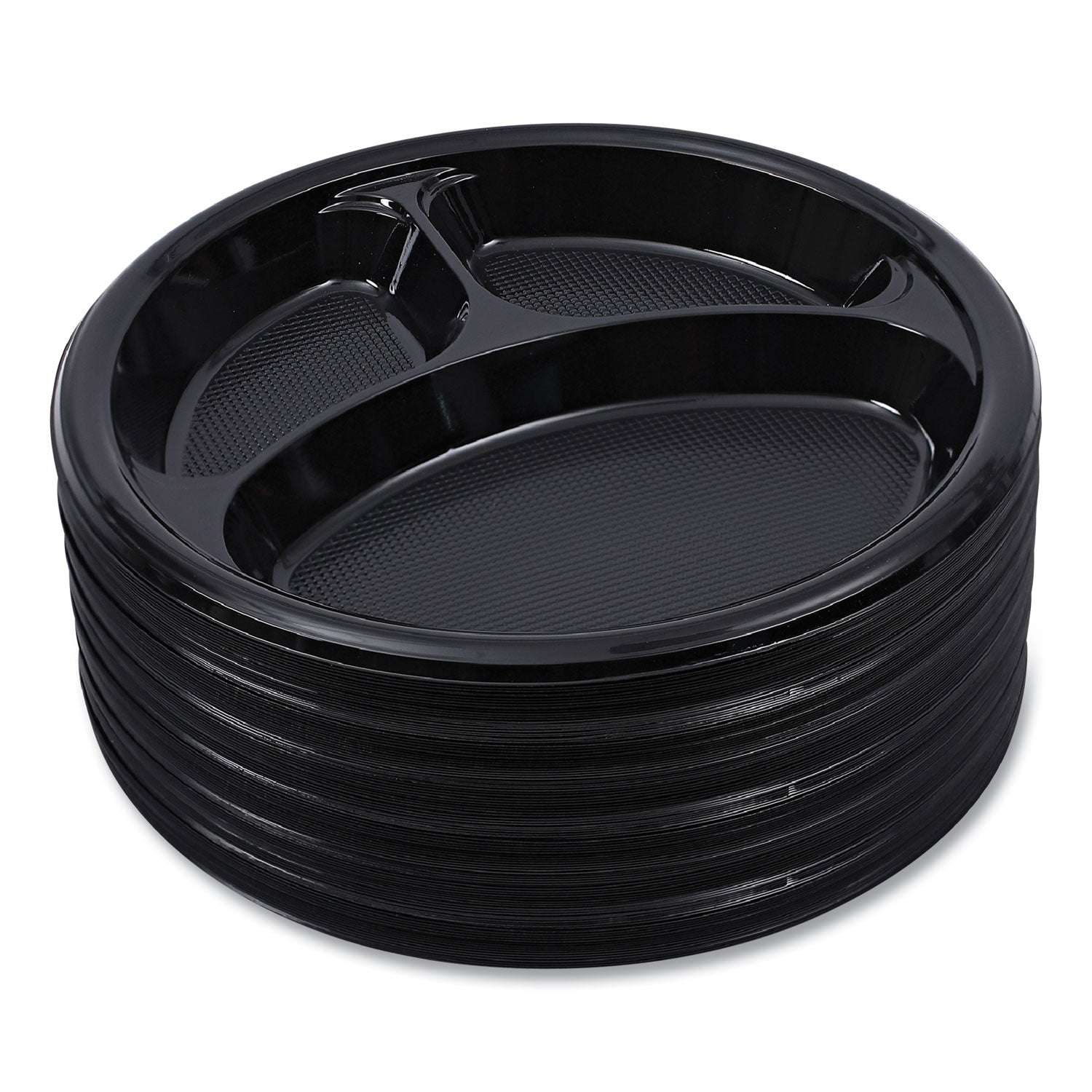 Hi-Impact Plastic Dinnerware, Plate, 3-Compartment, 10" dia, Black, 125/Sleeve, 4 Sleeves/Carton