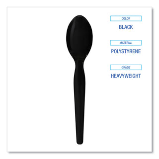 Heavyweight Polystyrene Cutlery, Teaspoon, Black, 1000/Carton