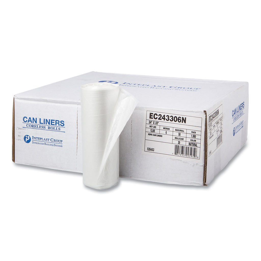 High-Density Commercial Can Liners, 16 gal, 6 mic, 24" x 33", Natural, 50 Bags/Roll, 20 Perforated Rolls/Carton