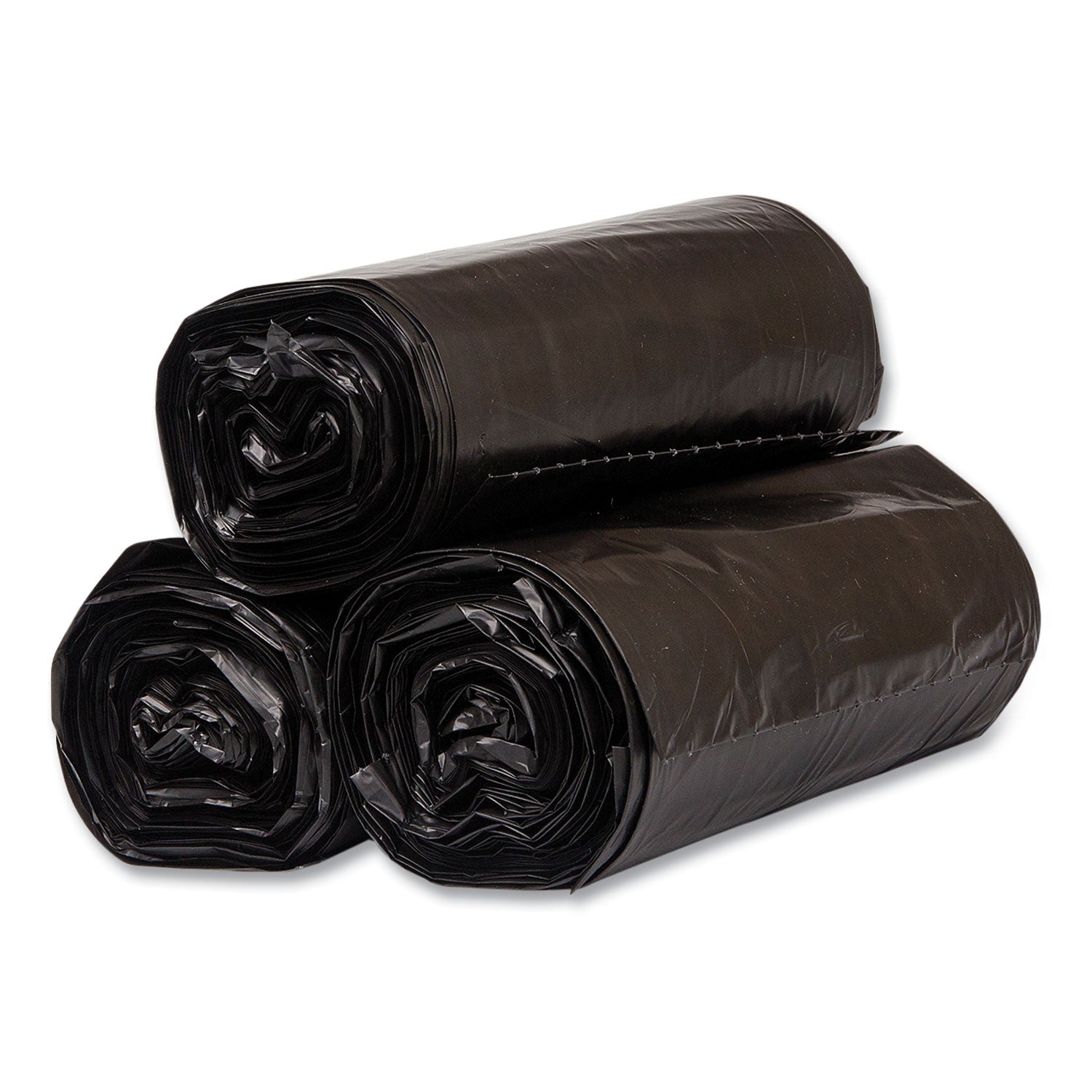 High-Density Commercial Can Liners, 60 gal, 17 mic, 38" x 60", Black, 25 Bags/Roll, 8 Interleaved Rolls/Carton