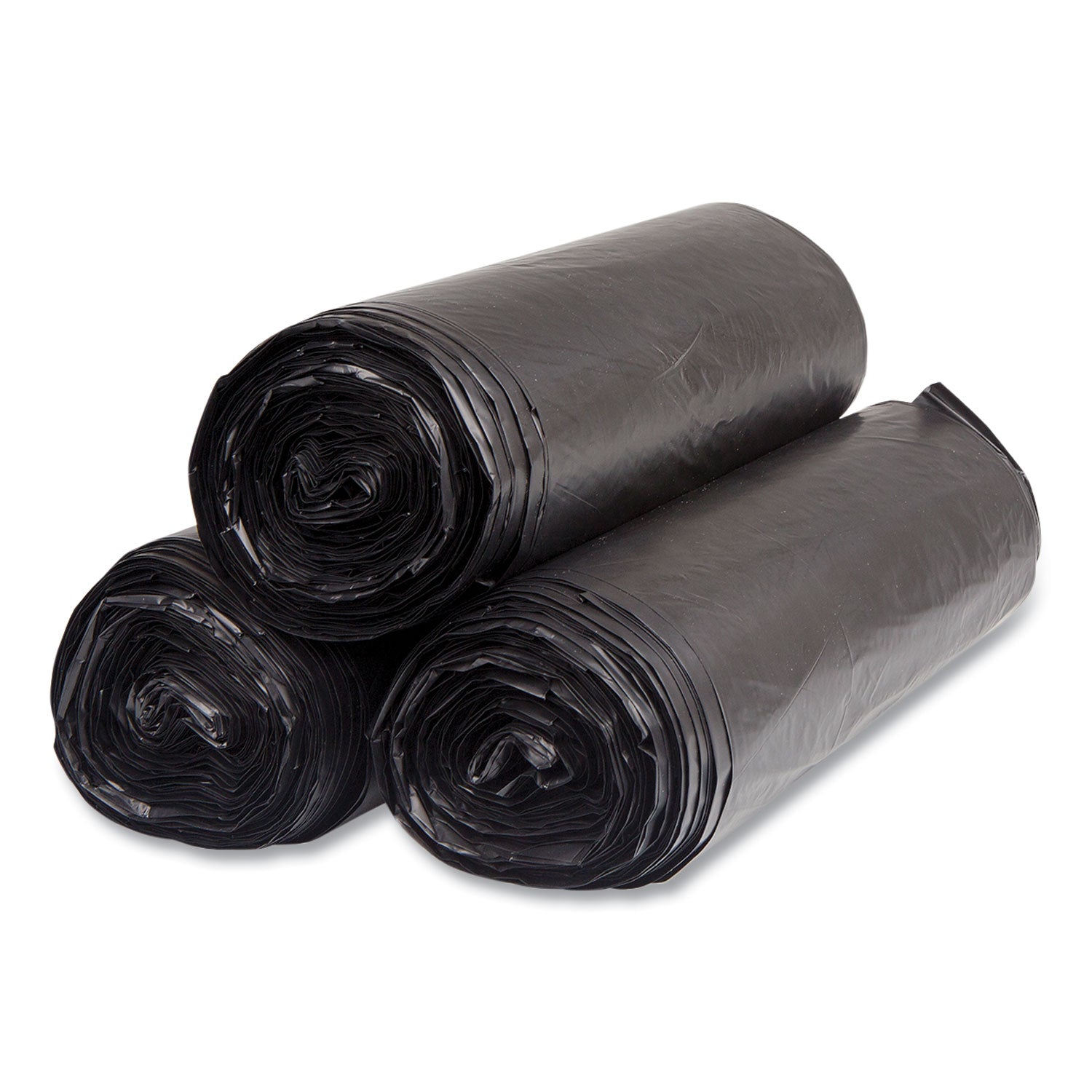 High-Density Commercial Can Liners, 60 gal, 22 mic, 38" x 60", Black, 25 Bags/Roll, 6 Interleaved Rolls/Carton