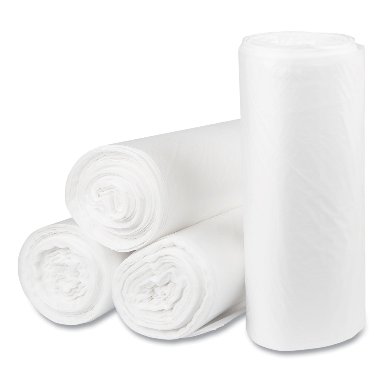 High-Density Commercial Can Liners, 60 gal, 22 mic, 38" x 60", Clear, 25 Bags/Roll, 6 Interleaved Rolls/Carton