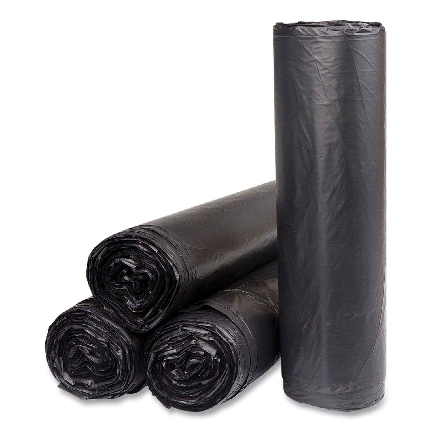 High-Density Commercial Can Liners, 45 gal, 16 mic, 40" x 48", Black, 25 Bags/Roll, 10 Interleaved Rolls/Carton