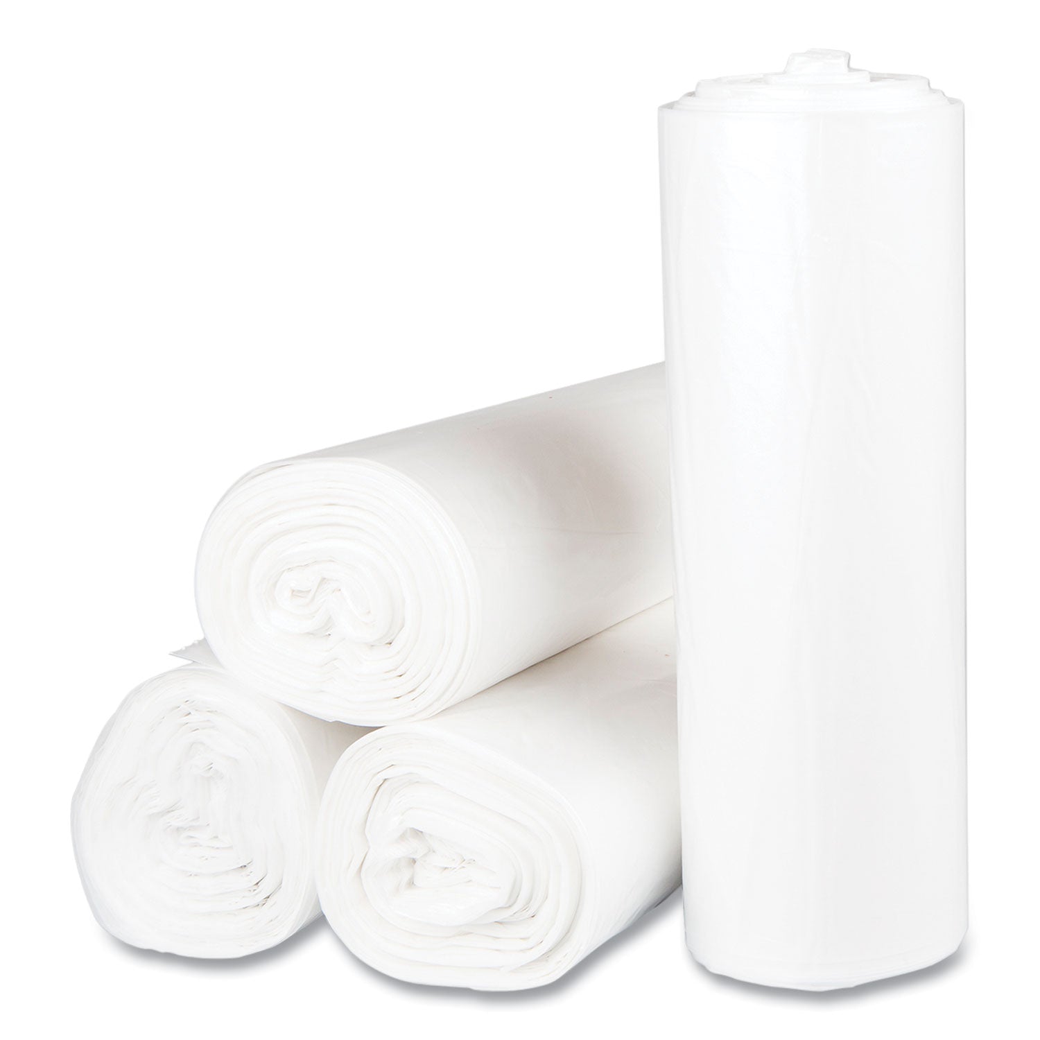 High-Density Commercial Can Liners, 60 gal, 17 mic, 43" x 48", Clear, 25 Bags/Roll, 8 Interleaved Rolls/Carton