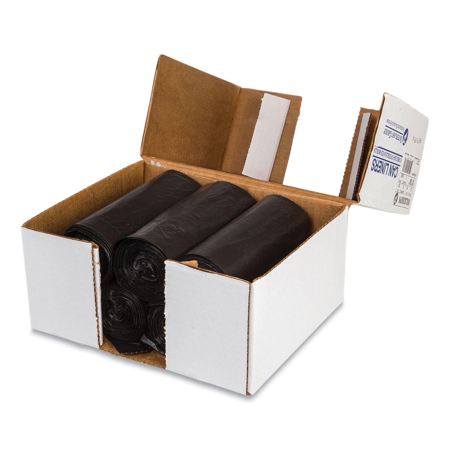 Low-Density Commercial Can Liners, Coreless Interleaved Roll, 30 gal, 0.9 mil, 30" x 36", Black, 25 Bags/Roll, 8 Rolls/Carton
