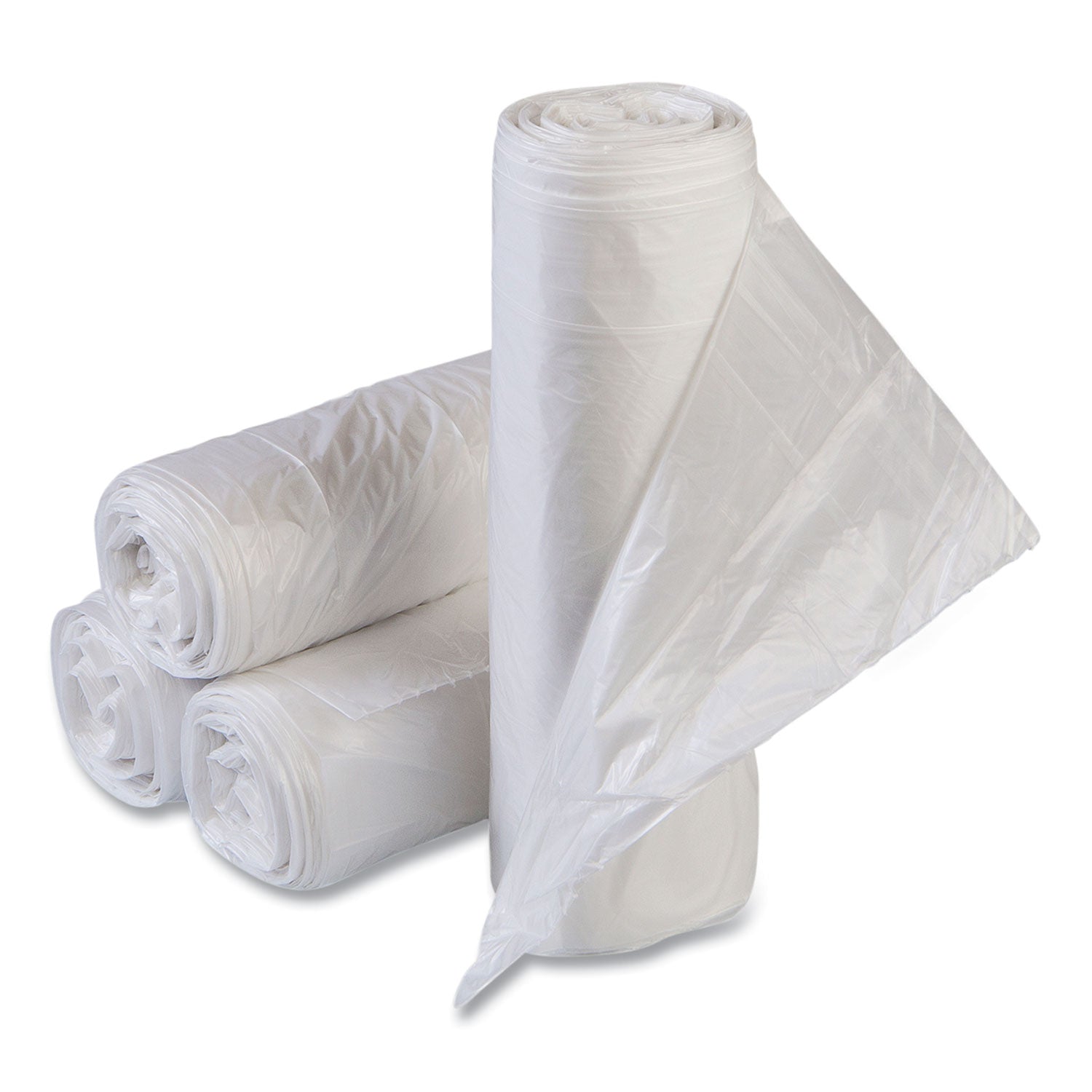 Low-Density Commercial Can Liners, Coreless Interleaved Roll, 60 gal, 1.15mil, 38" x 58", Clear, 20 Bags/Roll, 5 Rolls/Carton