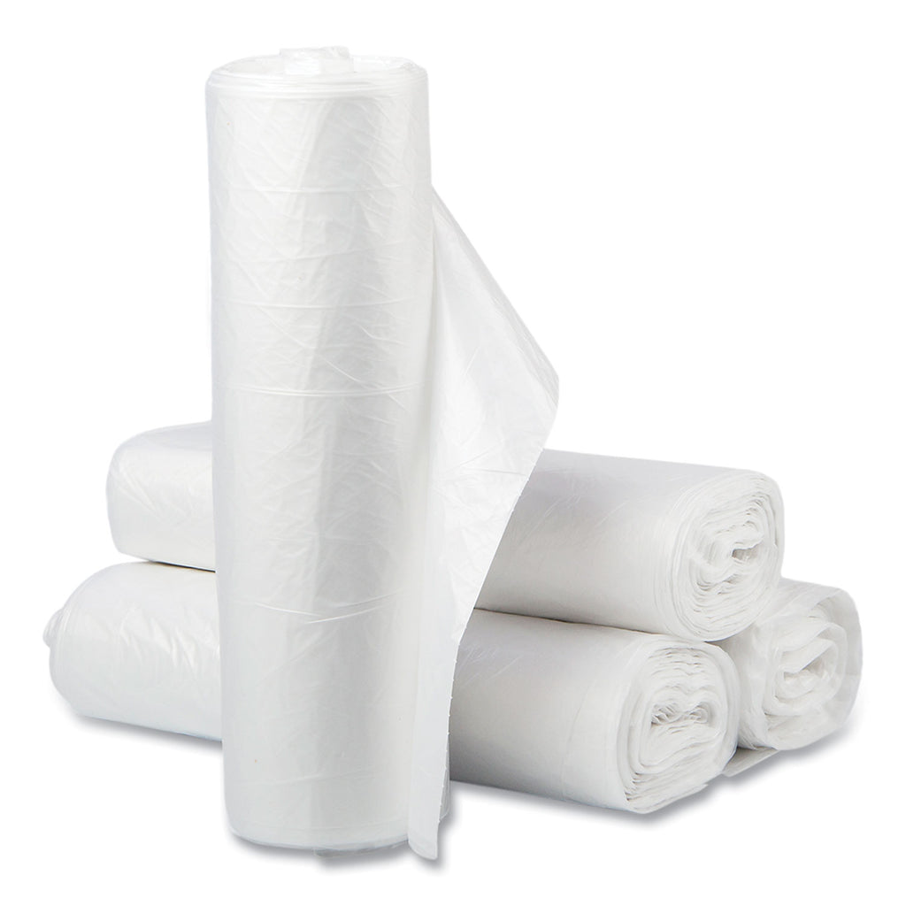 High-Density Commercial Can Liners Value Pack, 60 gal, 12 mic, 38" x 58", Clear, 25 Bags/Roll, 8 Interleaved Rolls/Carton