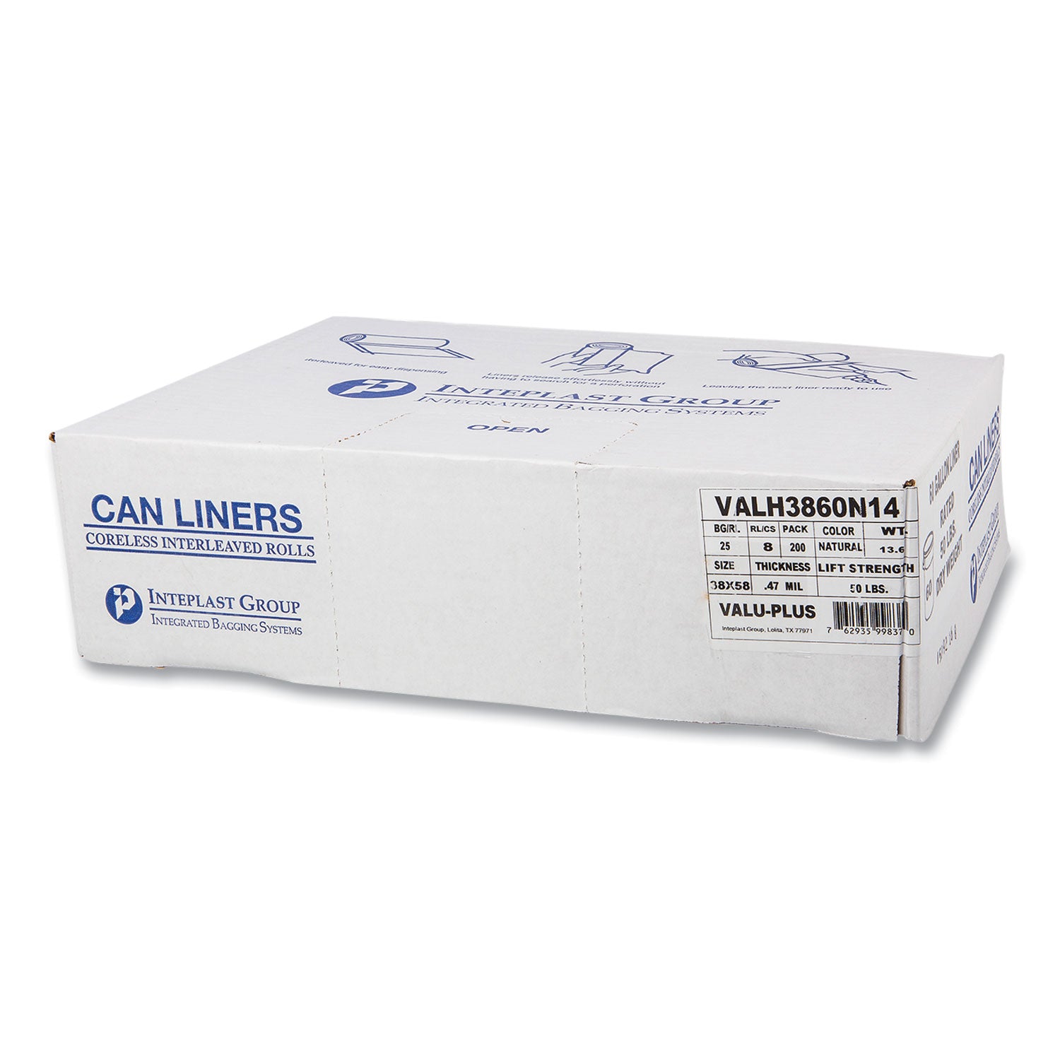 High-Density Commercial Can Liners Value Pack, 60 gal, 12 mic, 38" x 58", Clear, 25 Bags/Roll, 8 Interleaved Rolls/Carton