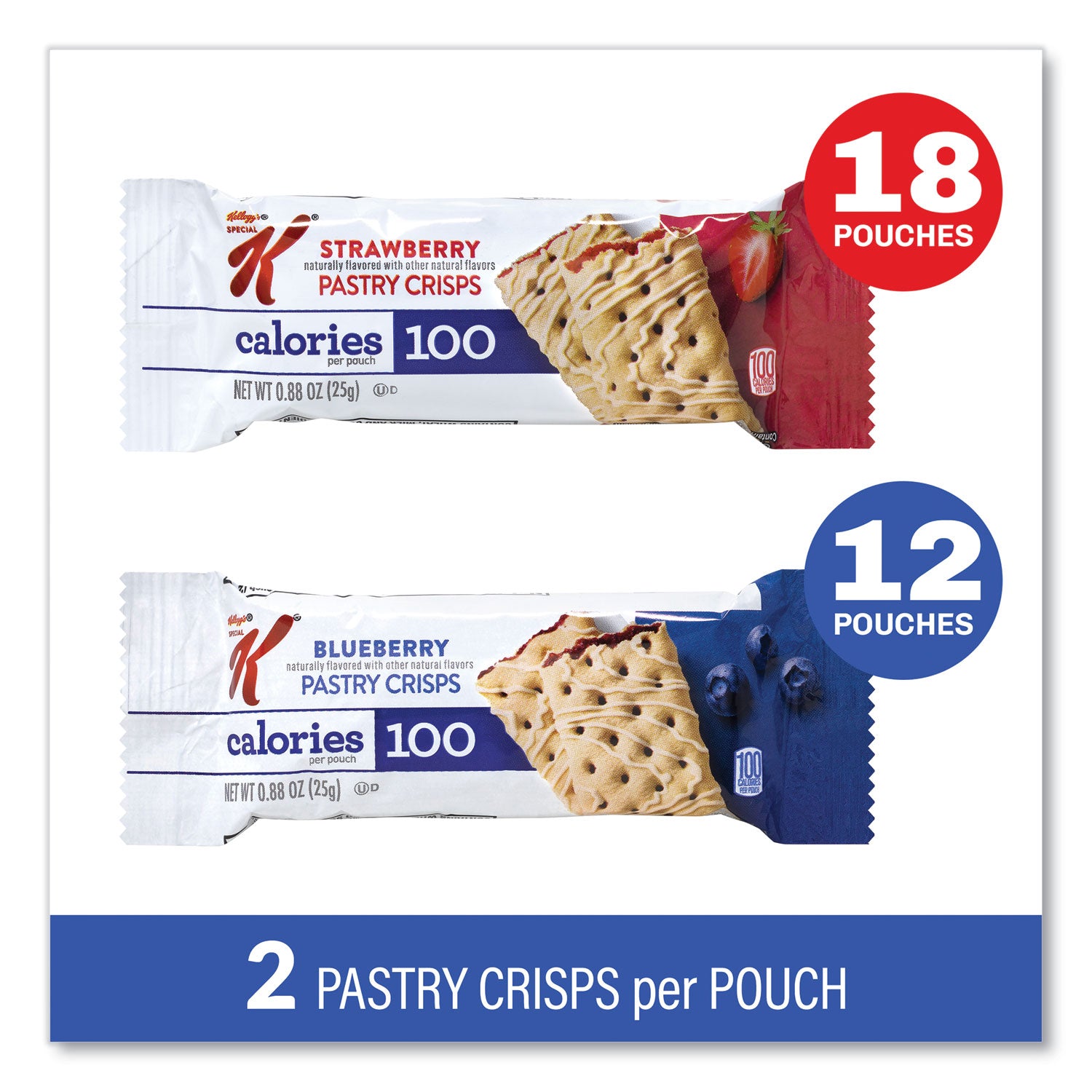 Special K Pastry Crisps, (36) Strawberry; (24) Blueberry, 0.88 oz, 2/Pouch, 30 Pouches/Carton, Ships in 1-3 Business Days