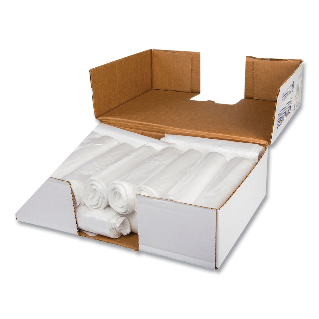 Low-Density Commercial Can Liners, Coreless Interleaved Roll, 16 gal, 0.5mil, 24" x 32", White, 50 Bags/Roll, 10 Rolls/Carton