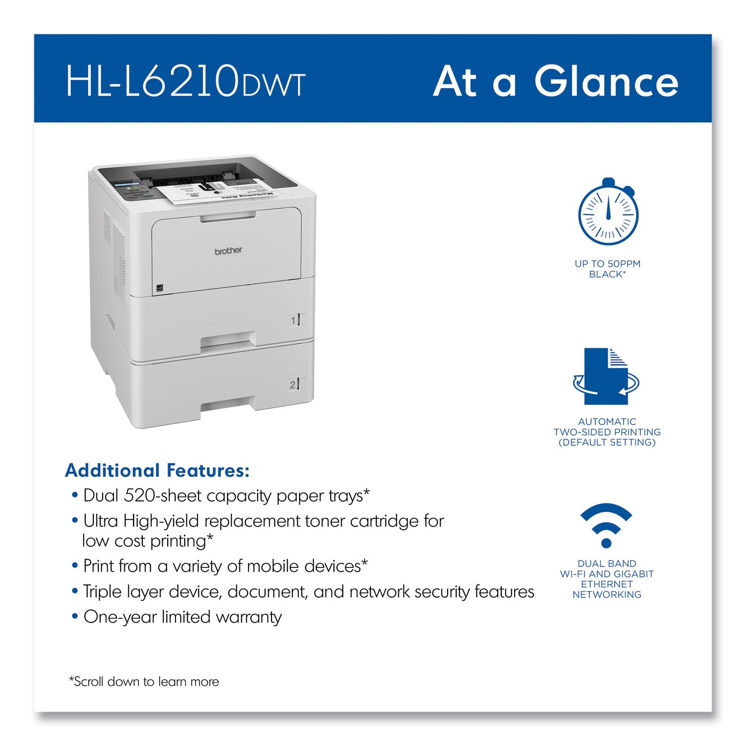 HL-L6210DWT Business Monochrome Laser Printer with Dual Paper Trays