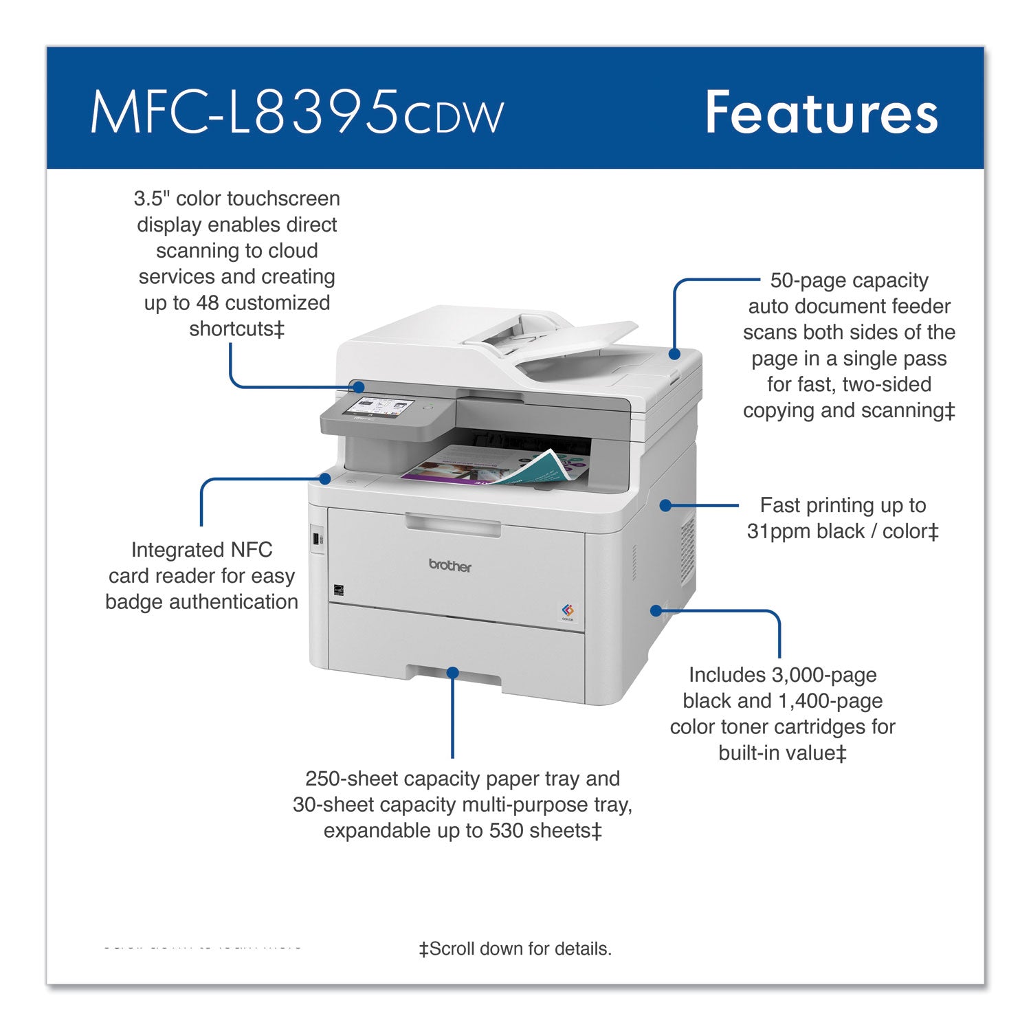 Workhorse MFC-L8395CDW Digital Color All-in-One Printer, Copy/Fax/Print/Scan