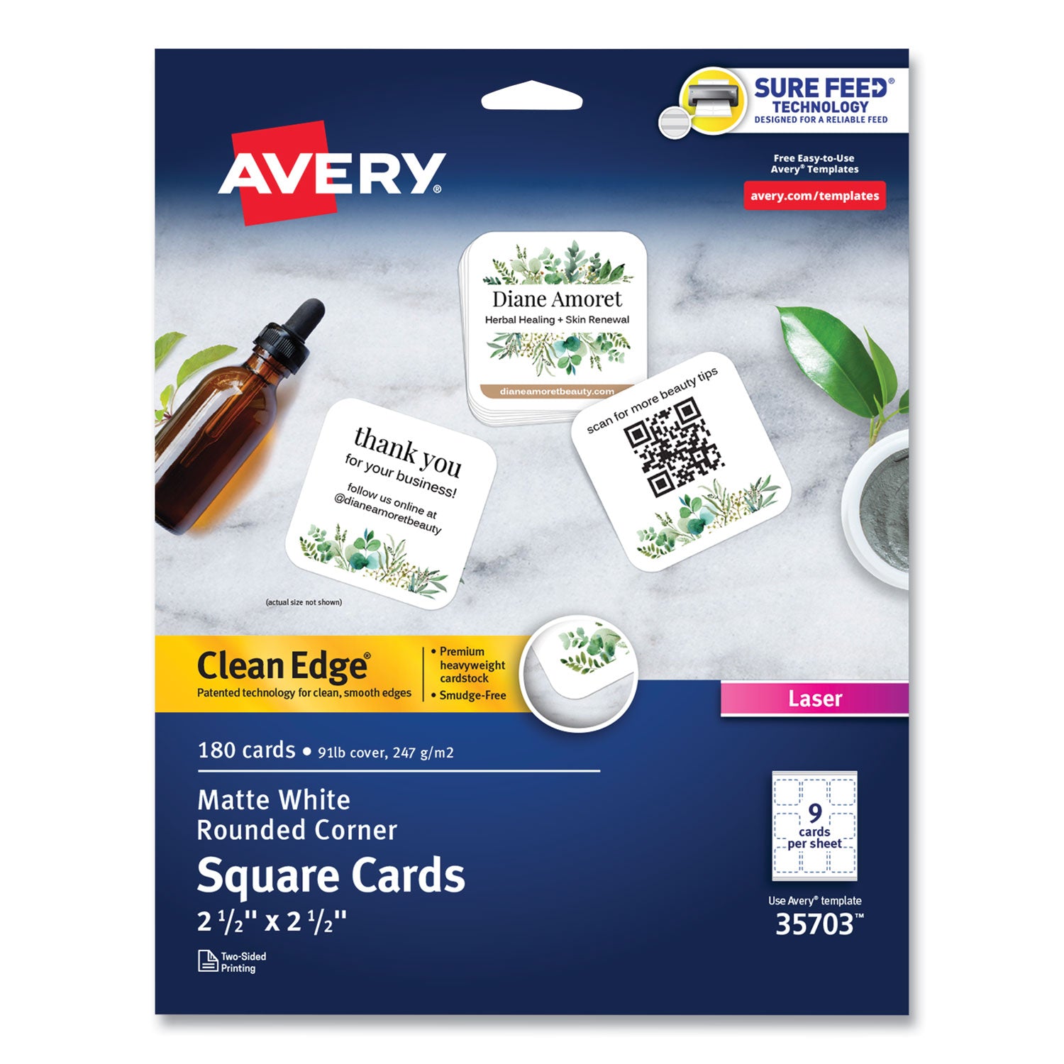 square-clean-edge-cards-with-sure-feed-technology-laser-25-x-25-white-180-cards-9-cards-sheet-20-sheets-pack_ave35703 - 1