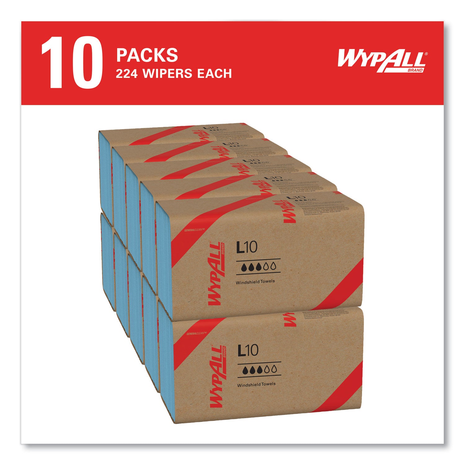L10 Windshield Towels, 1-Ply, 9.1 x 10.25, Light Blue, 224/Pack, 10 Packs/Carton - 