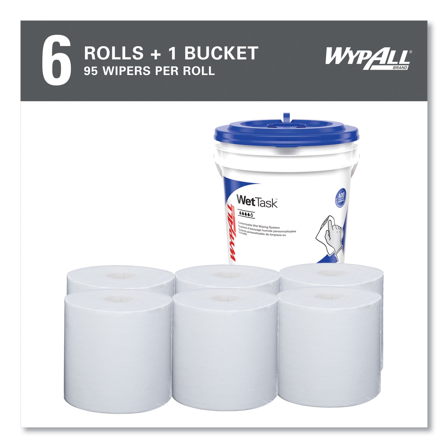 Power Clean Wipers for WetTask Customizable Wet Wiping System with (1) Bucket, 12 x 12.5, Unscented, 95/Roll, 6 Rolls/Carton