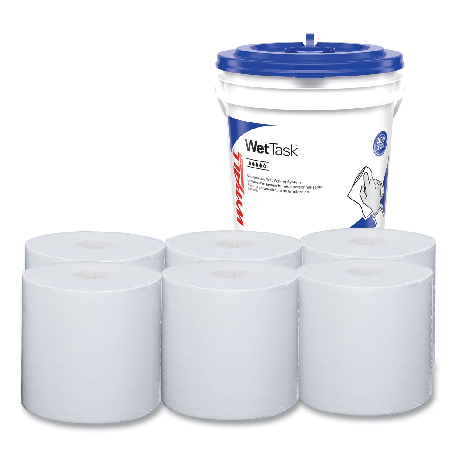 Critical Clean Wipers for Bleach, Disinfectants, Sanitizers WetTask Customizable Wet Wiping System, w/Bucket,140/Roll, 6/CT - 