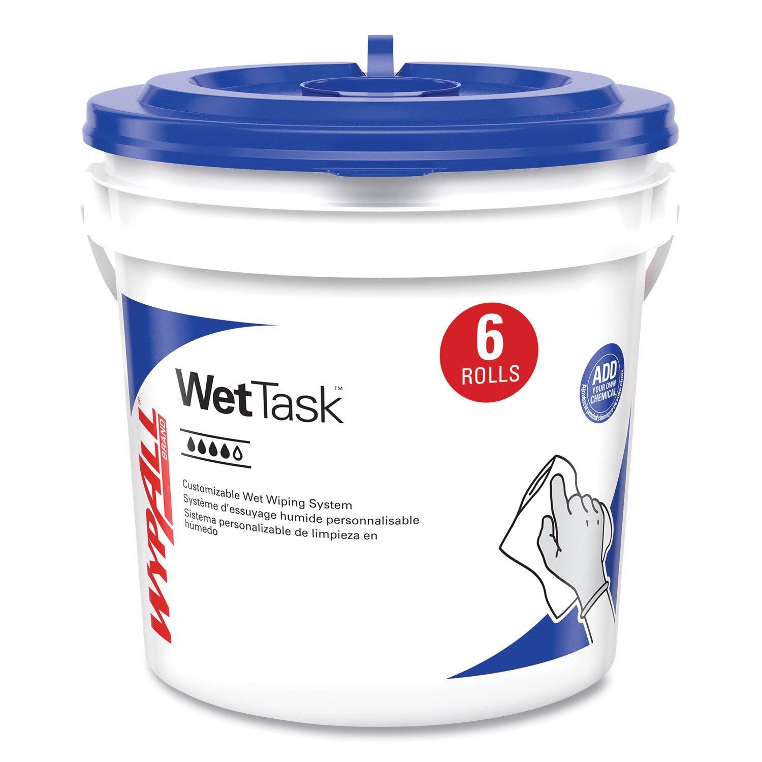 Critical Clean Wipers for Bleach, Disinfectants, Sanitizers WetTask Customizable Wet Wiping System, w/Bucket,140/Roll, 6/CT - 