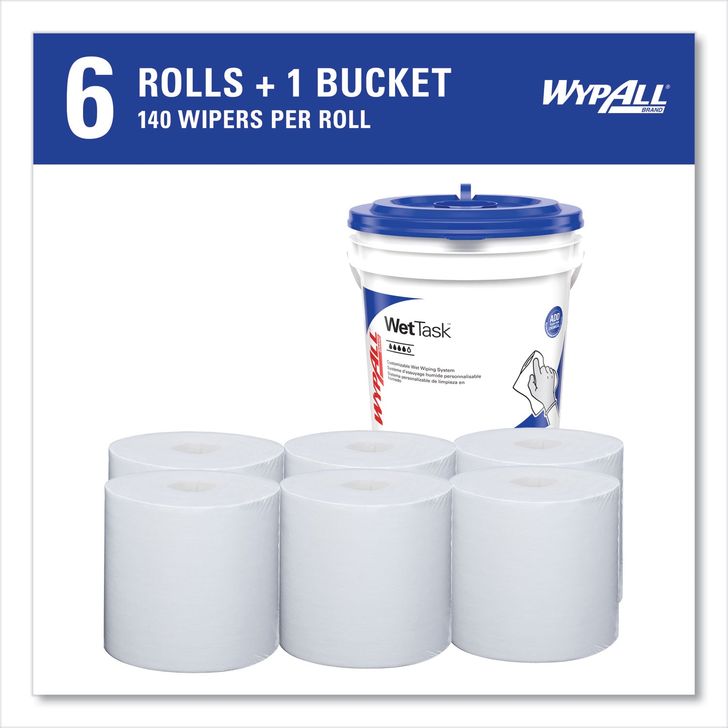 Critical Clean Wipers for Bleach, Disinfectants, Sanitizers WetTask Customizable Wet Wiping System, w/Bucket,140/Roll, 6/CT - 
