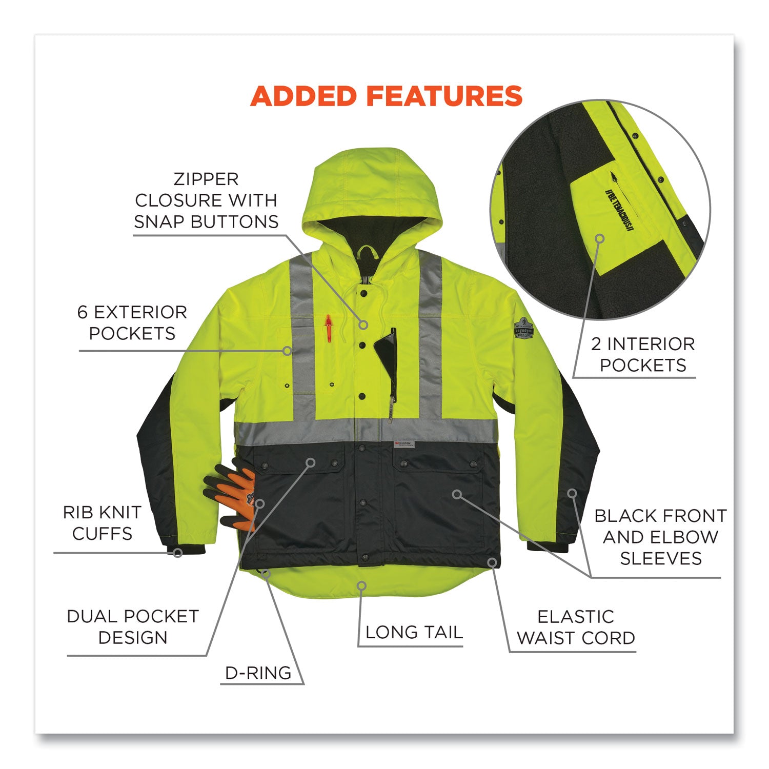 GloWear 8275 Class 2 Heavy-Duty Hi-Vis Workwear Sherpa Lined Jacket, Large, Lime, Ships in 1-3 Business Days