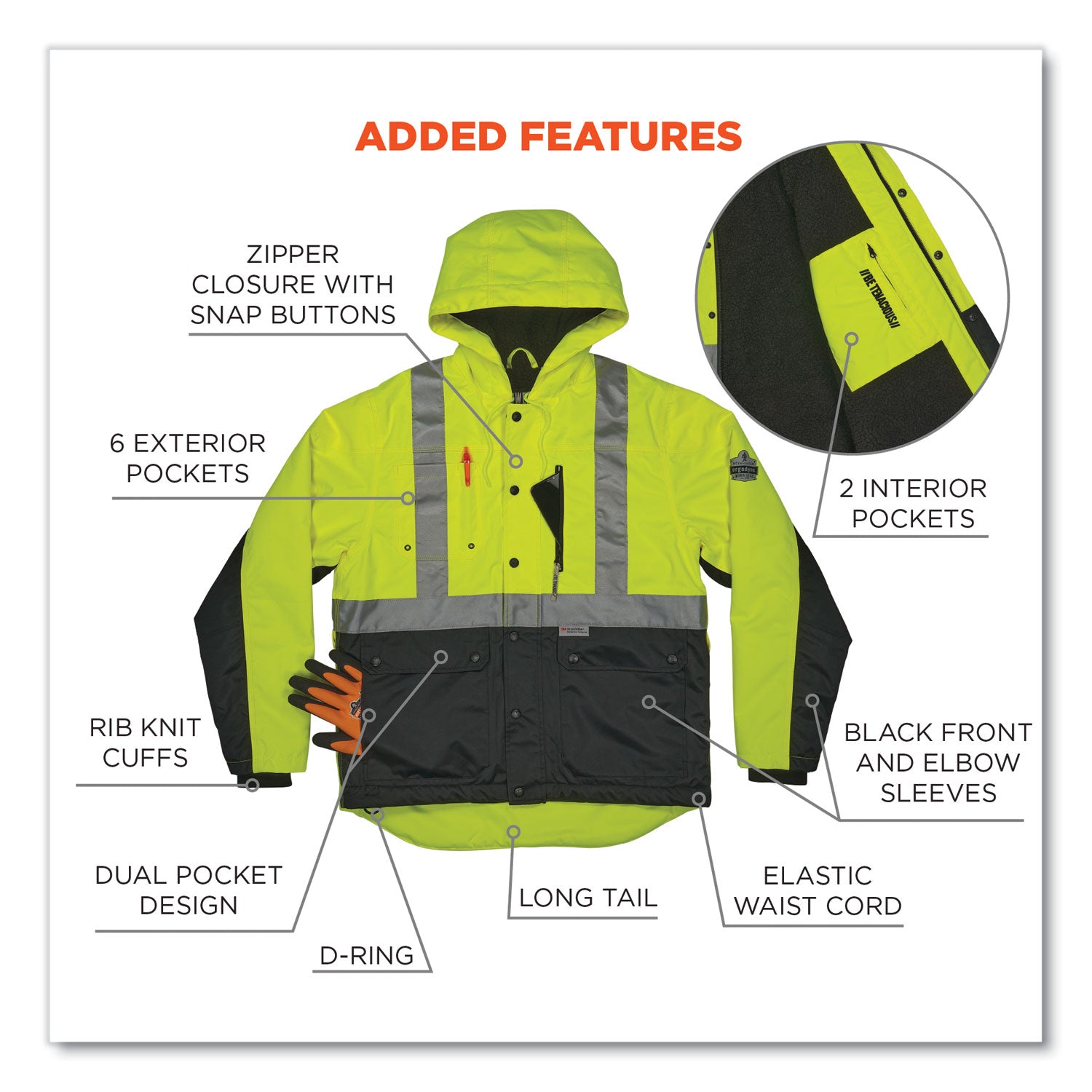 GloWear 8275 Class 2 Heavy-Duty Hi-Vis Workwear Sherpa Lined Jacket, X-Large, Lime, Ships in 1-3 Business Days