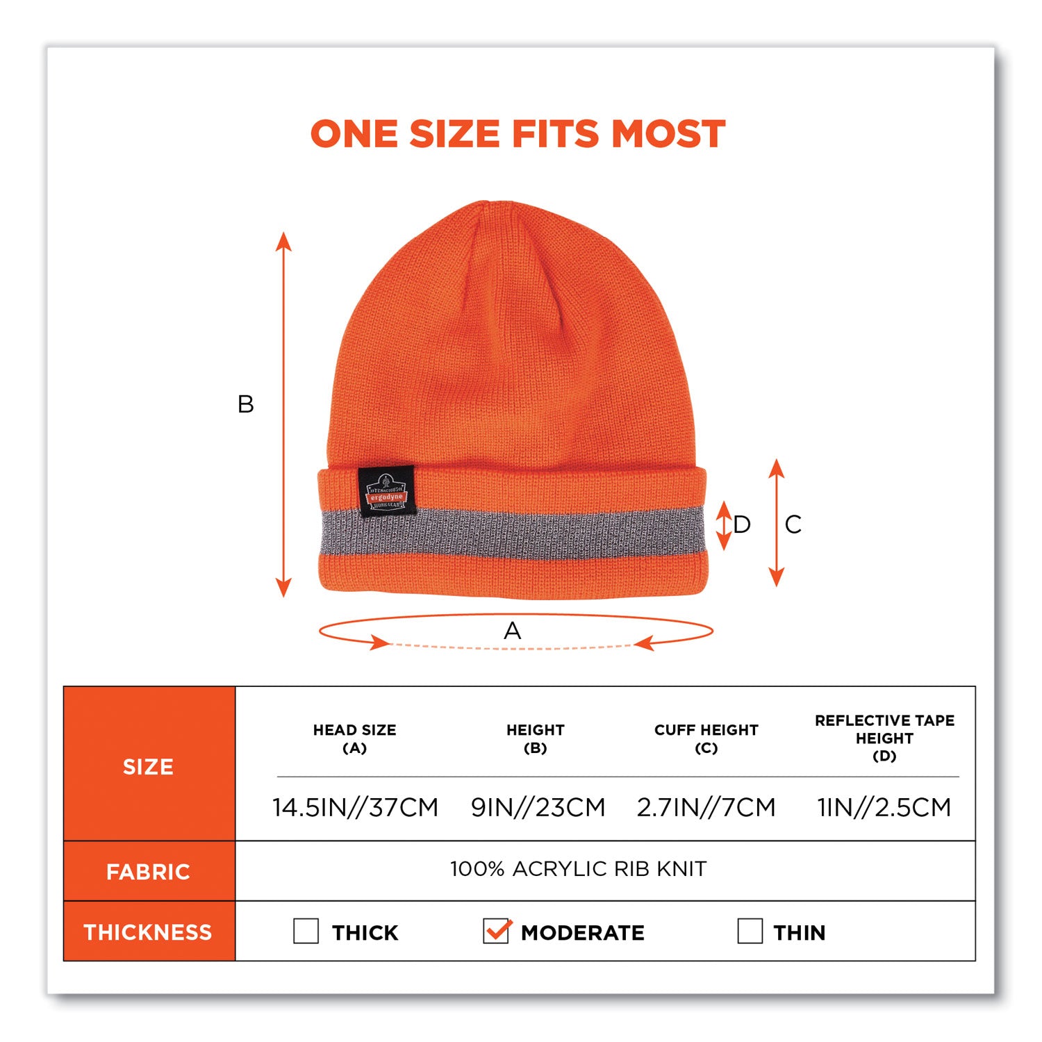 N-Ferno 6803 Reflective Rib Knit Winter Hat, One Size Fits Most, Orange, Ships in 1-3 Business Days