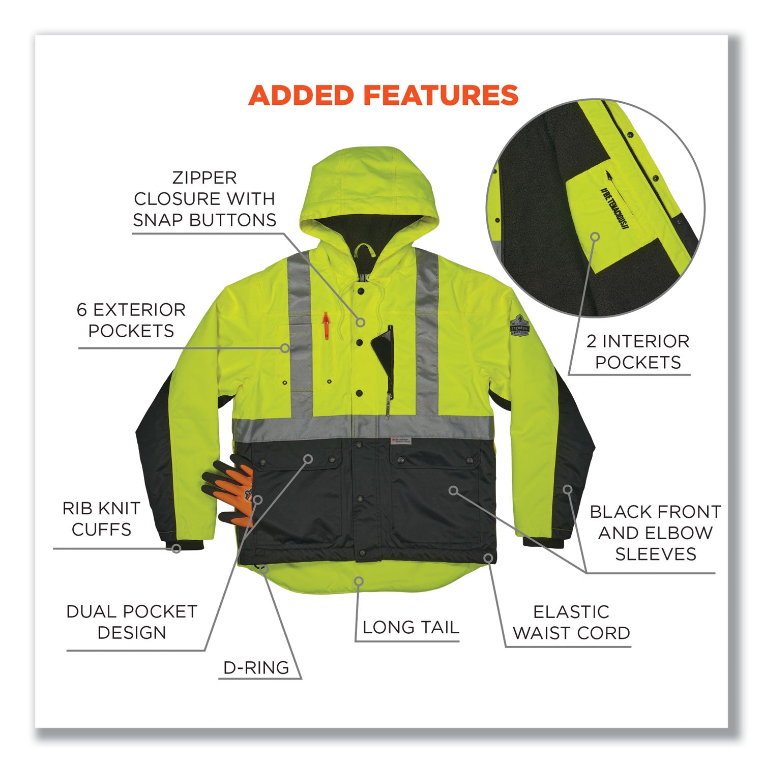 GloWear 8275 Class 2 Heavy-Duty Hi-Vis Workwear Sherpa Lined Jacket, 3X-Large, Lime, Ships in 1-3 Business Days