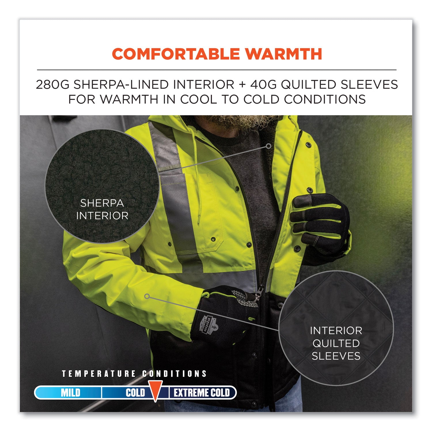 GloWear 8275 Class 2 Heavy-Duty Hi-Vis Workwear Sherpa Lined Jacket, Medium, Lime, Ships in 1-3 Business Days