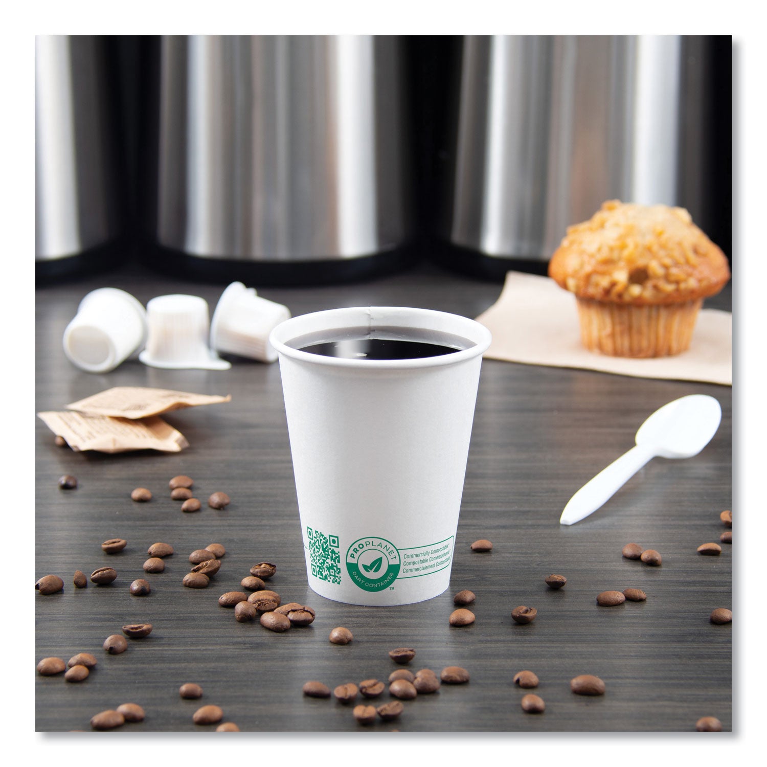 Compostable Paper Hot Cups, ProPlanet Seal, 8 oz, White/Green, 50/Pack